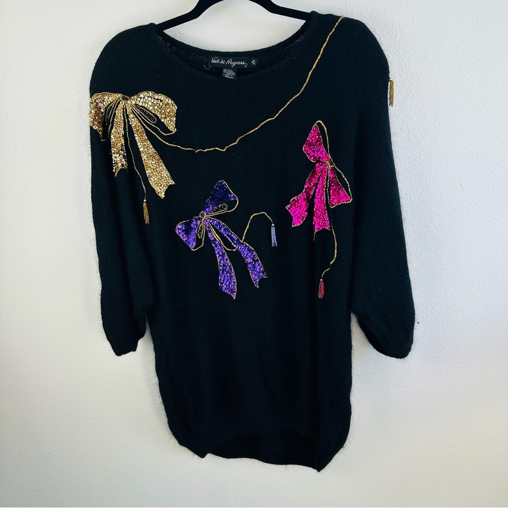 Work In Progress VTG 80s Sequin Bow Silk Angora Blend Sweater Size‎ 2X